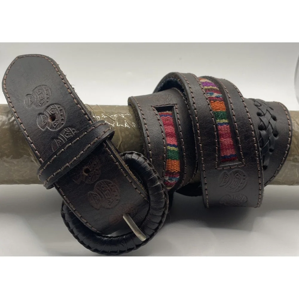 Hand tooled Leather Belt  Woven Design from Peru Hidden Zip Money Pocket Mens 38